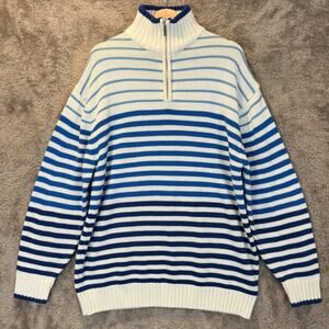 Vintage Bare Fox Blue White Stripe Pullover Ski Sweater M Medium 1/4 Zip